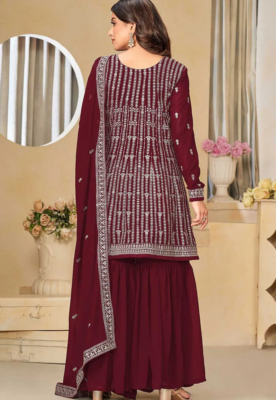 Embroidered Georgette Pakistani Suit in Maroon