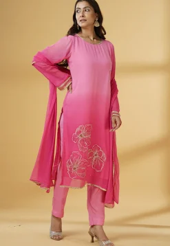 Embroidered Georgette Pakistani Suit in Pink Ombre