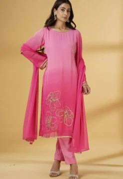Embroidered Georgette Pakistani Suit in Pink Ombre