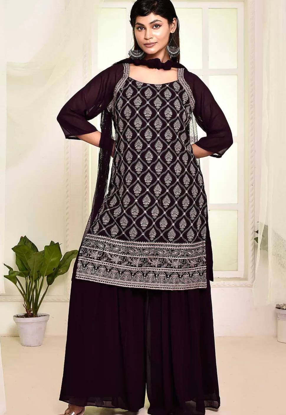 Embroidered Georgette Pakistani Suit in Dark Purple