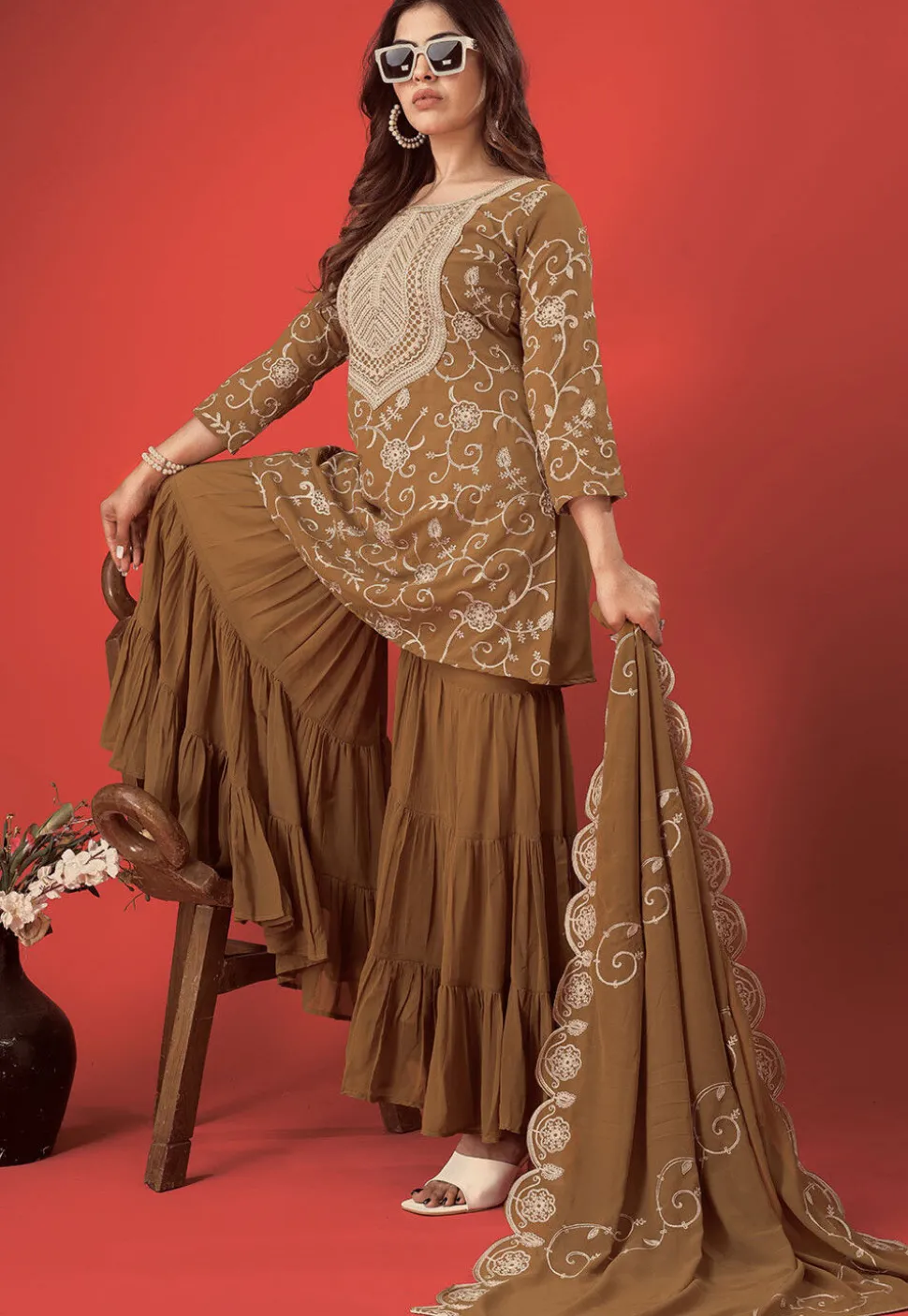 Embroidered Georgette Pakistani Suit in Brown