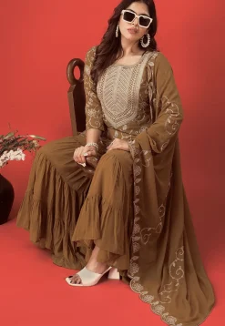 Embroidered Georgette Pakistani Suit in Brown