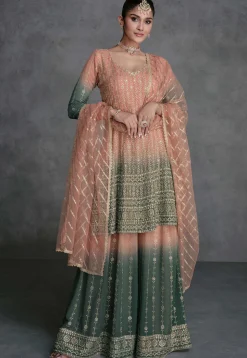 Embroidered Georgette Pakistani Suit in Shaded Peach and Green