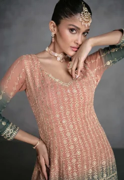 Embroidered Georgette Pakistani Suit in Shaded Peach and Green