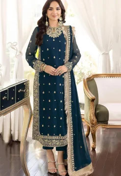 Embroidered Georgette Pakistani Suit in Teal Blue