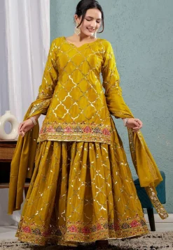 Embroidered Georgette Pakistani Suit in Mustard