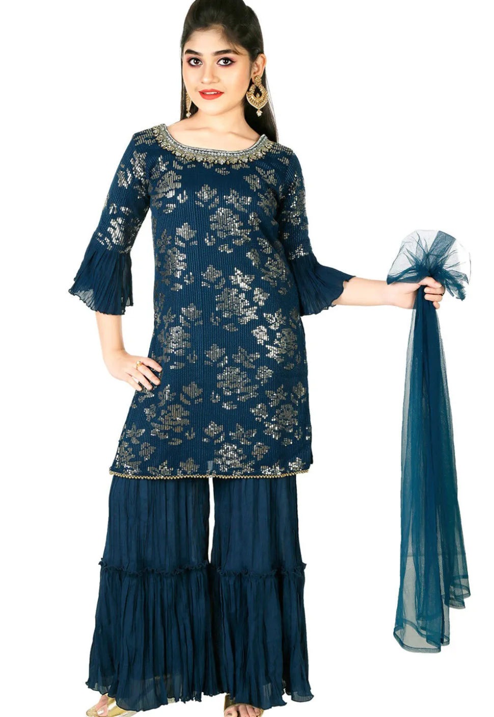 Embroidered Georgette Pakistani Suit in Dark Teal Blue