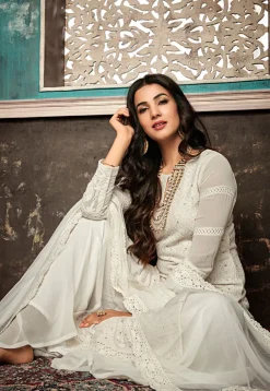 Embroidered Georgette Pakistani Suit in Off White