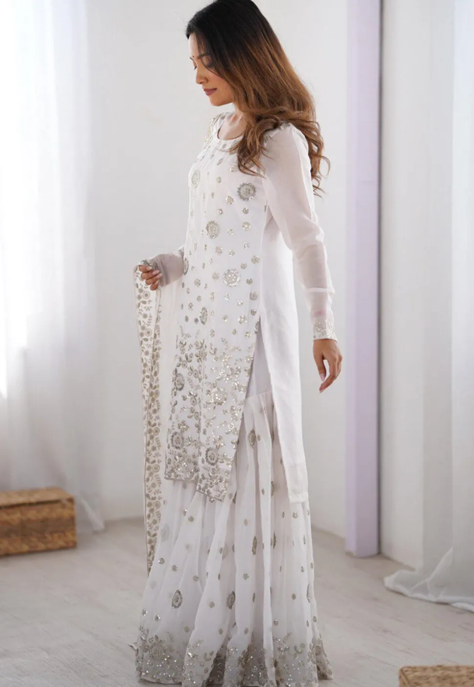 Embroidered Georgette Pakistani Suit in Off White