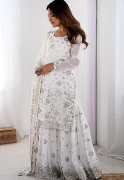 Embroidered Georgette Pakistani Suit in Off White