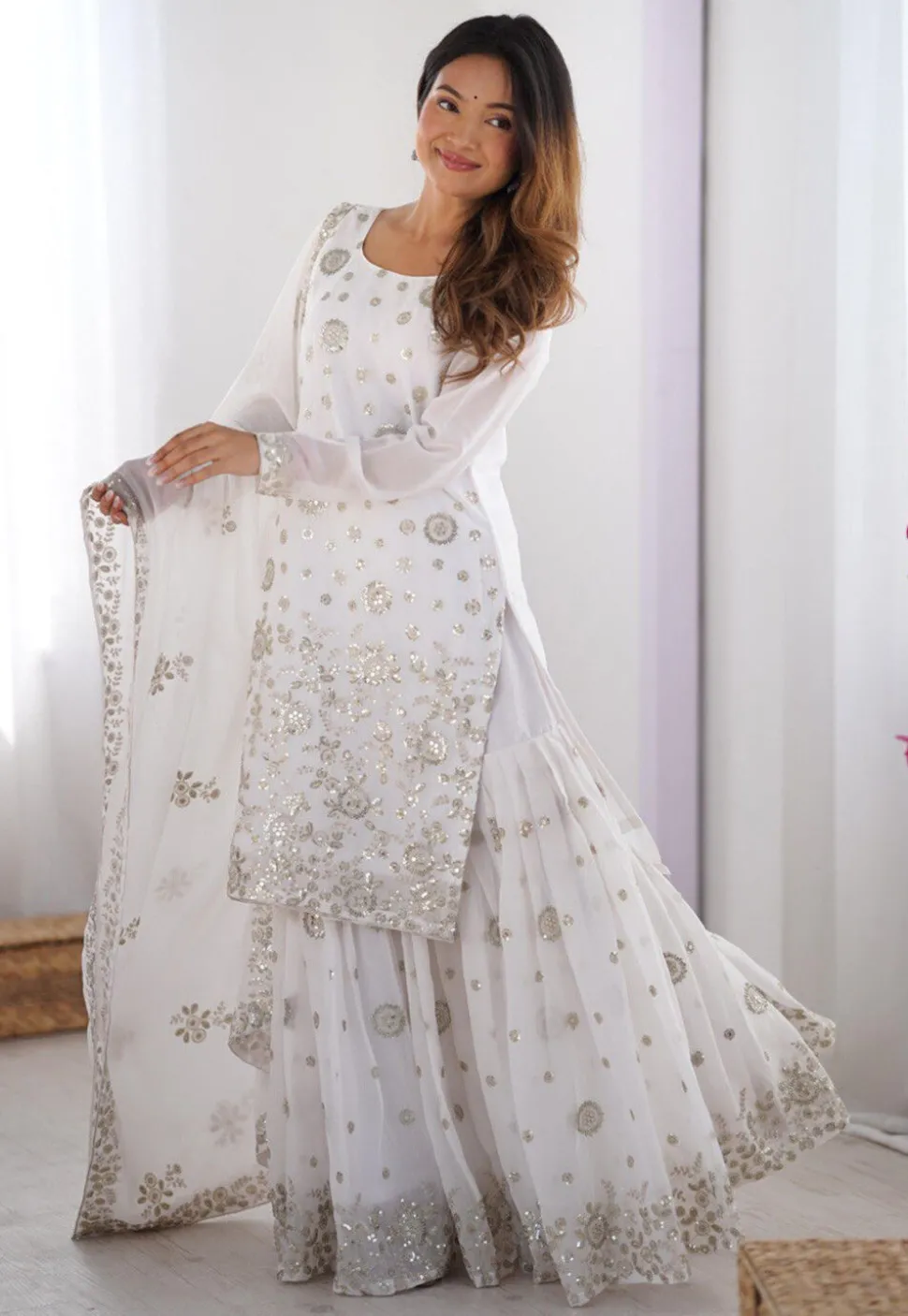 Embroidered Georgette Pakistani Suit in Off White
