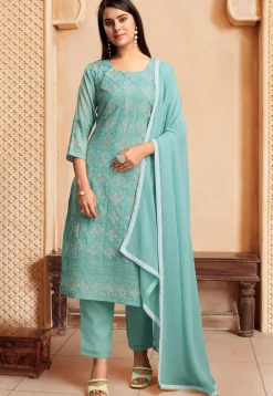 Embroidered Georgette Pakistani Suit in Teal Green