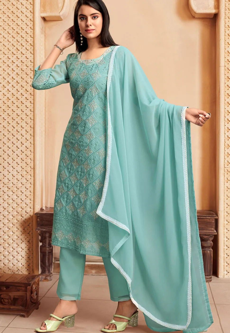 Embroidered Georgette Pakistani Suit in Teal Green