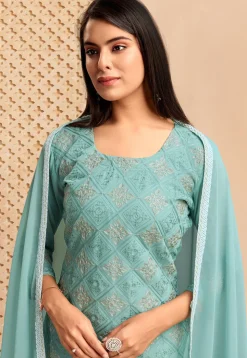 Embroidered Georgette Pakistani Suit in Teal Green