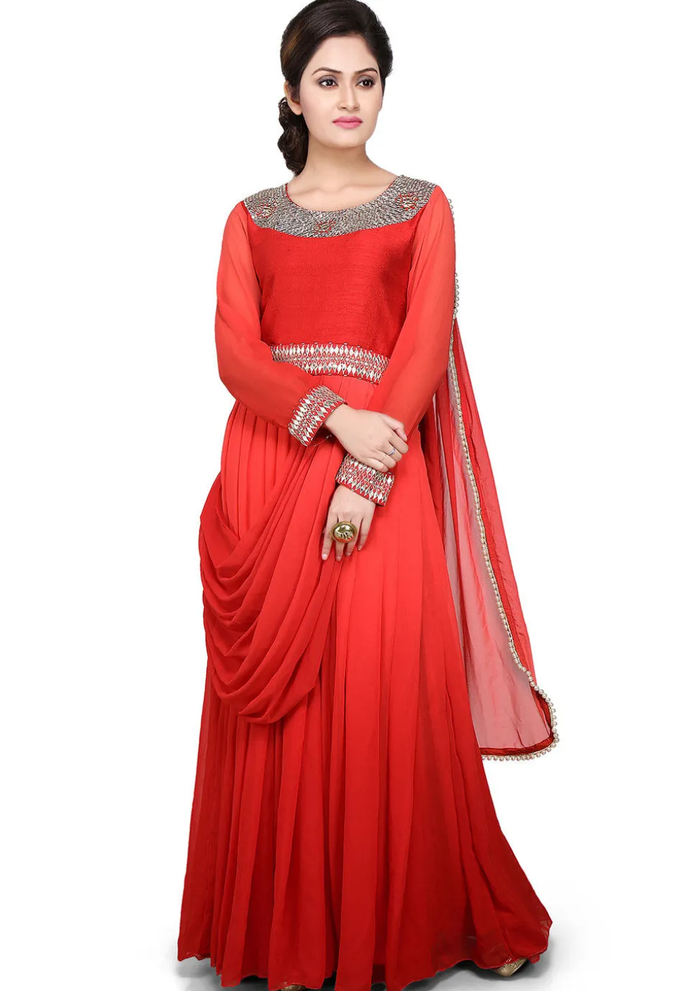 Embroidered Georgette Pleated Saree Style Gown in Red
