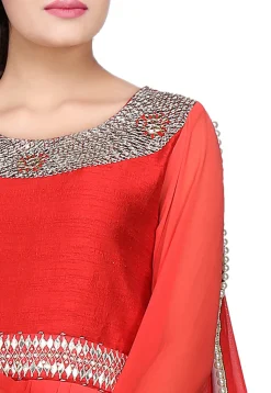 Embroidered Georgette Pleated Saree Style Gown in Red
