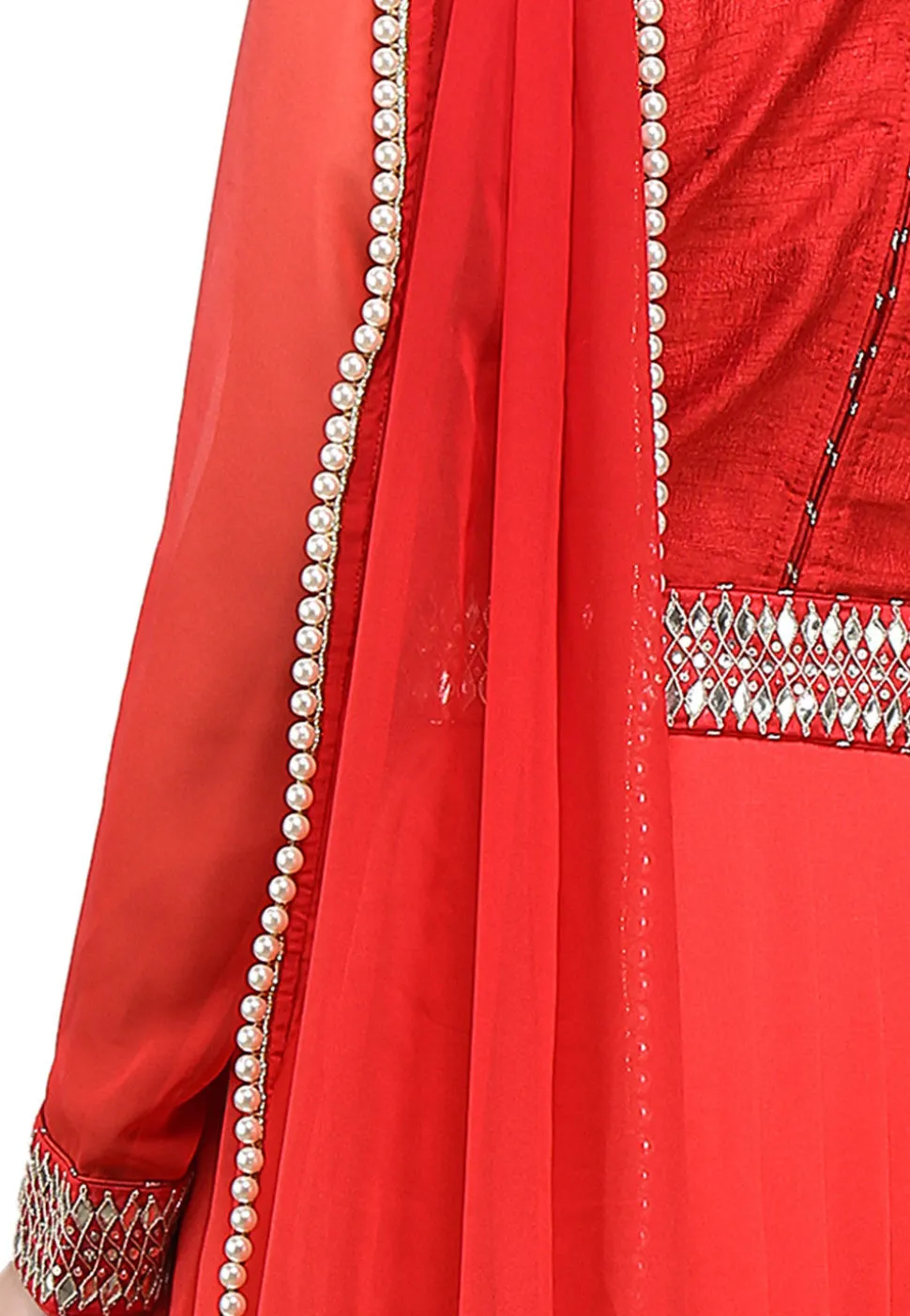 Embroidered Georgette Pleated Saree Style Gown in Red
