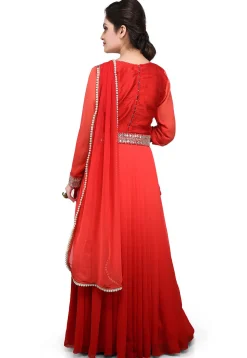 Embroidered Georgette Pleated Saree Style Gown in Red