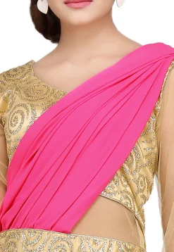Embroidered Georgette Pleated Saree Style Gown in Pink