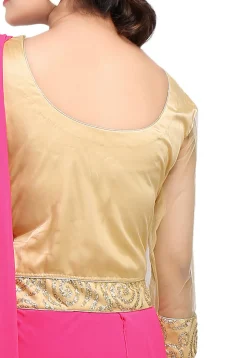 Embroidered Georgette Pleated Saree Style Gown in Pink