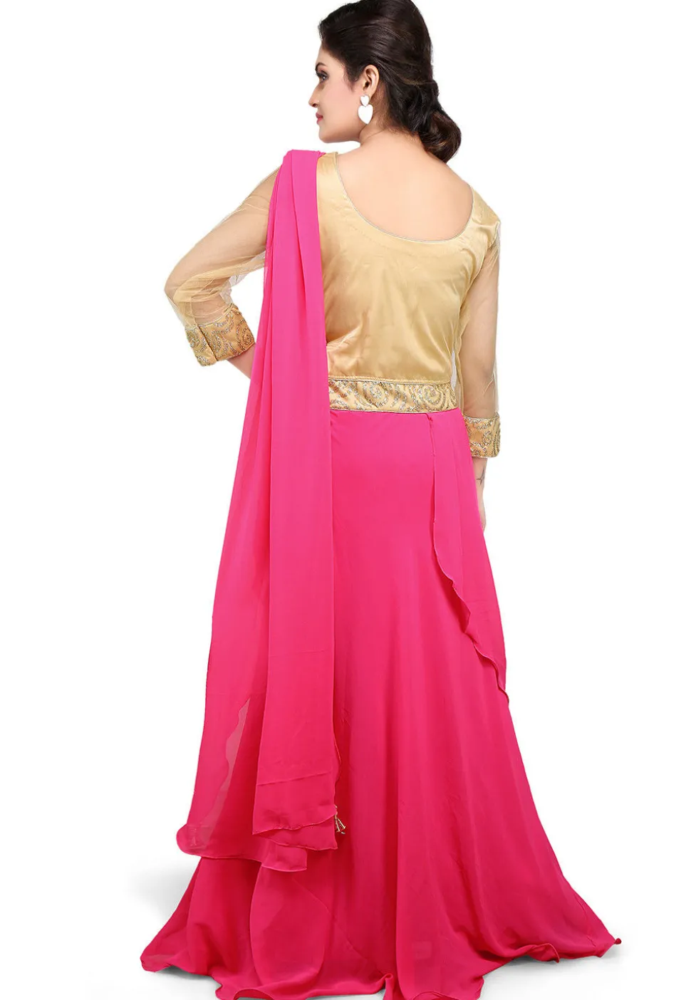 Embroidered Georgette Pleated Saree Style Gown in Pink