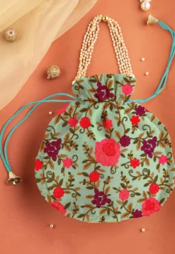 Embroidered Georgette Potli Bag in Sea Green