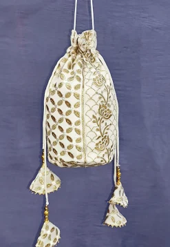 Embroidered Georgette Potli Bag in Off White