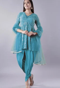 Embroidered Georgette Punjabi Suit in Teal Blue
