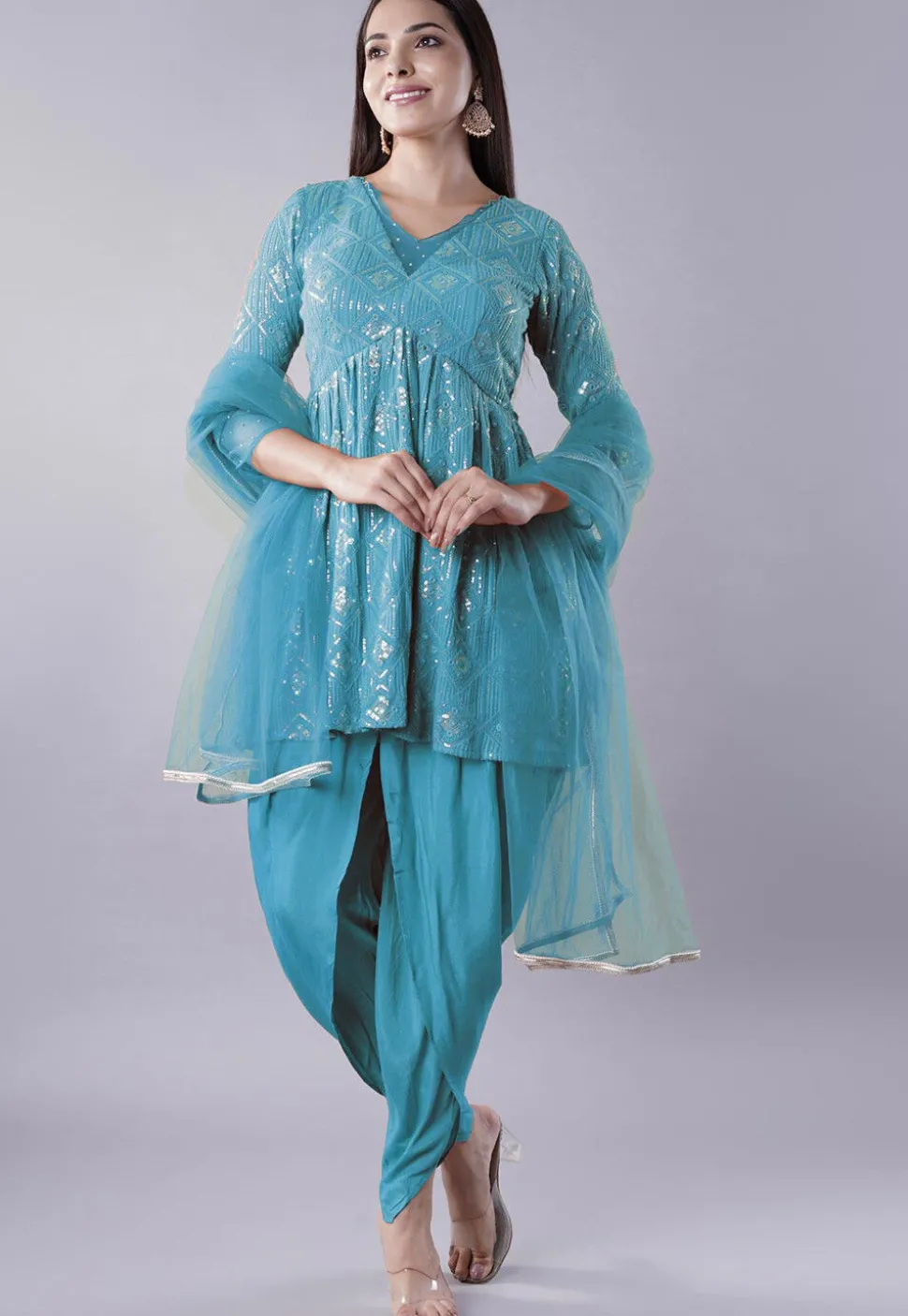 Embroidered Georgette Punjabi Suit in Teal Blue