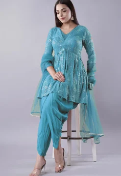Embroidered Georgette Punjabi Suit in Teal Blue