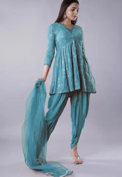 Embroidered Georgette Punjabi Suit in Teal Blue