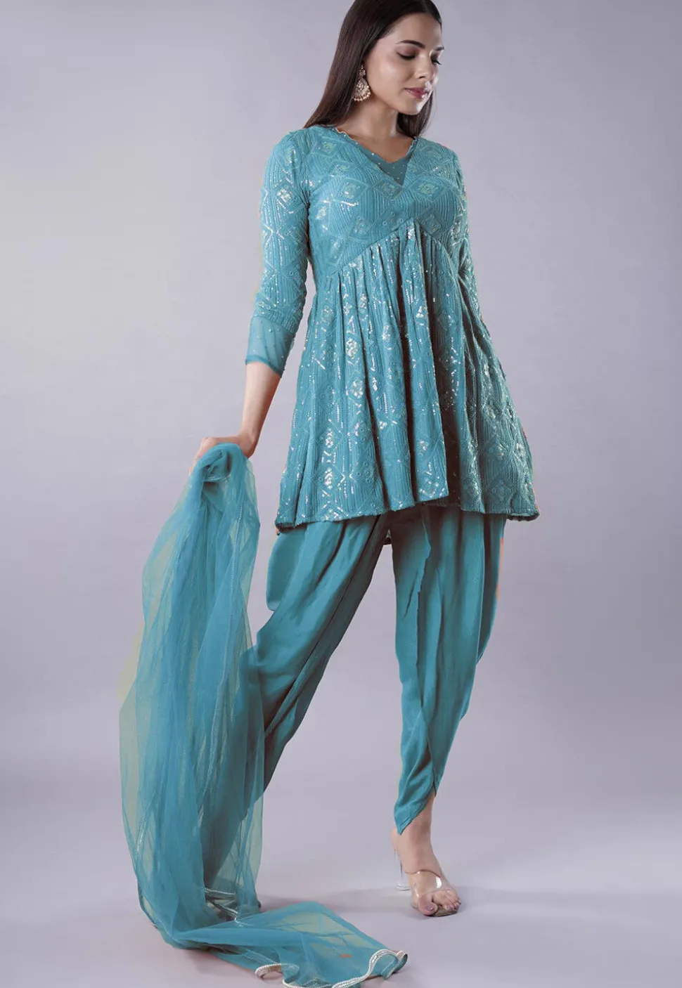 Embroidered Georgette Punjabi Suit in Teal Blue