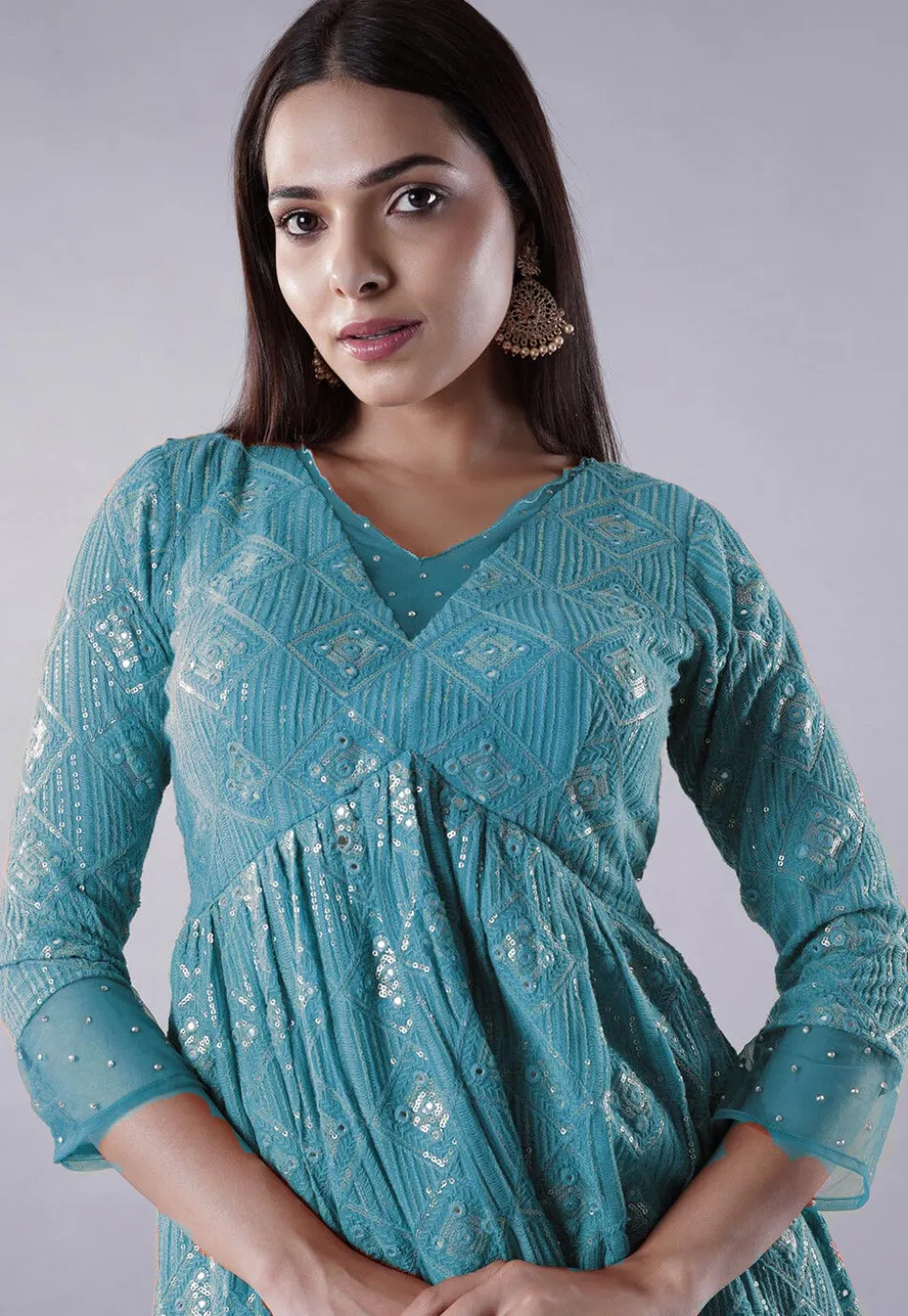 Embroidered Georgette Punjabi Suit in Teal Blue