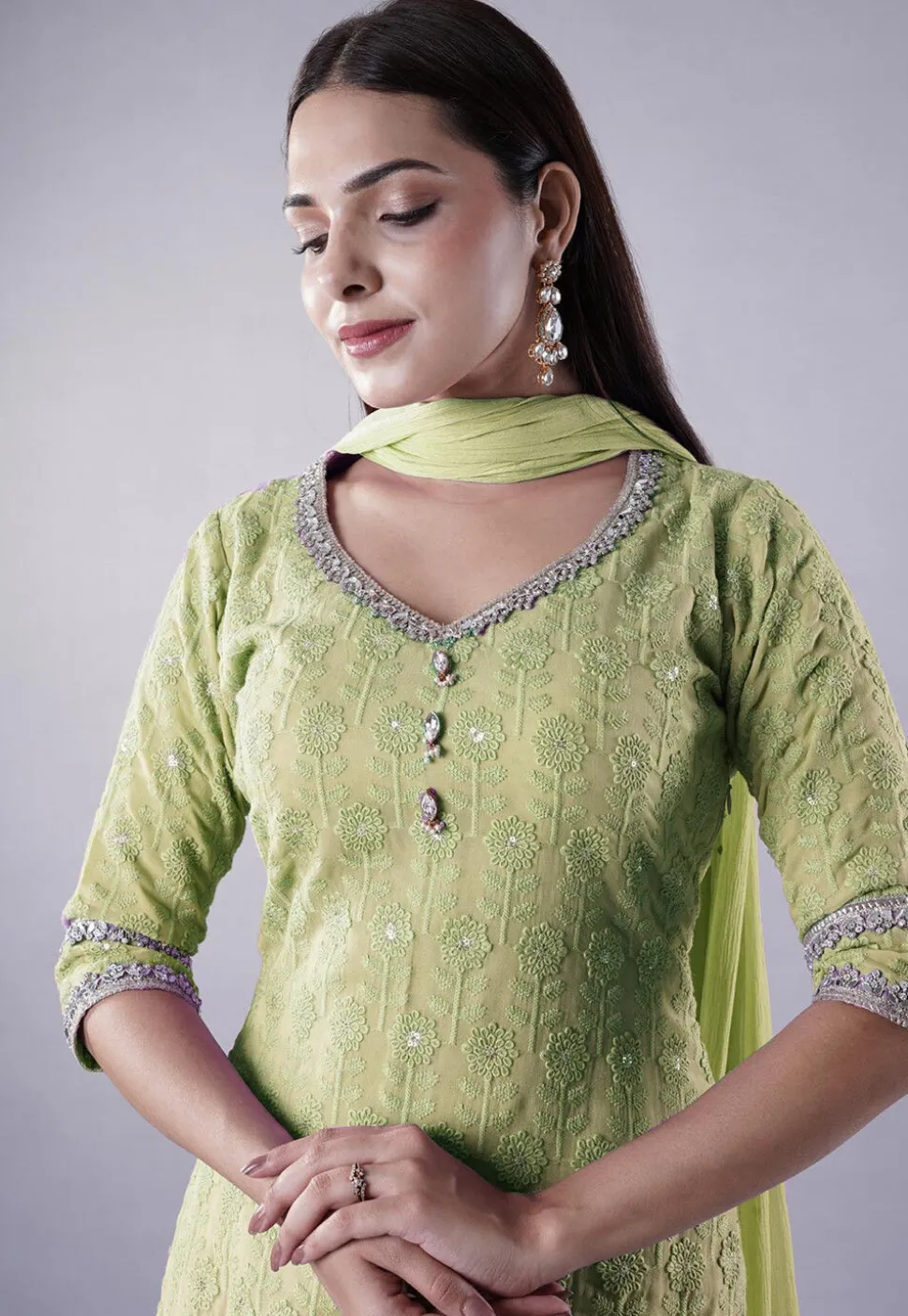 Embroidered Georgette Punjabi Suit in Light Green