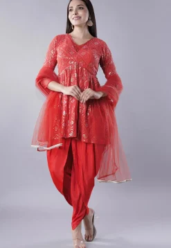 Embroidered Georgette Punjabi Suit in Red