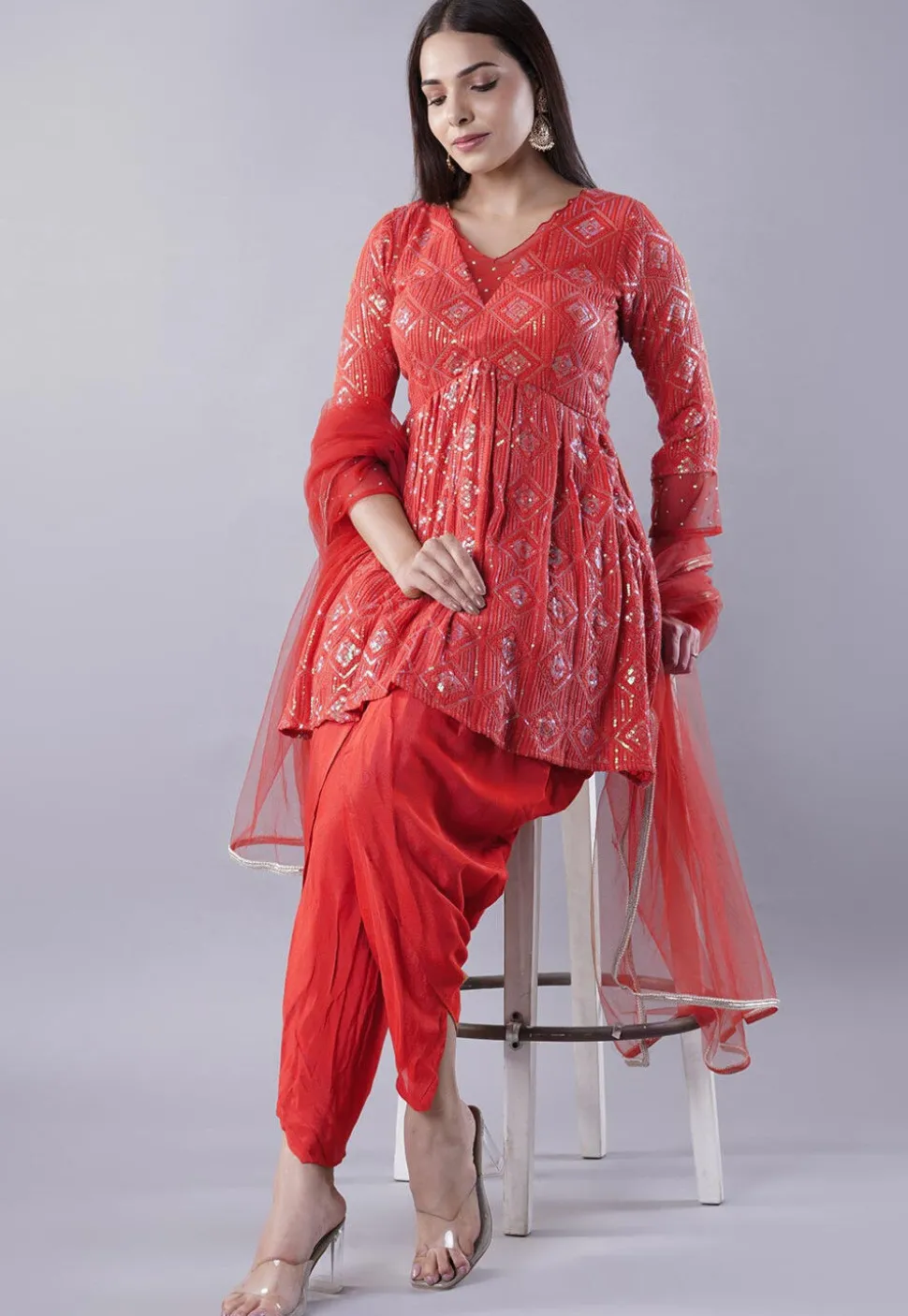 Embroidered Georgette Punjabi Suit in Red