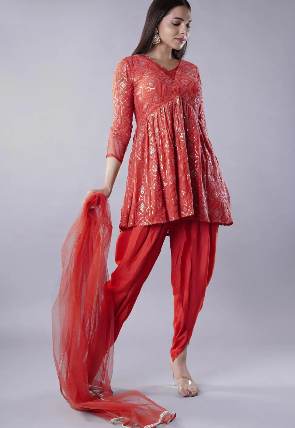 Embroidered Georgette Punjabi Suit in Red