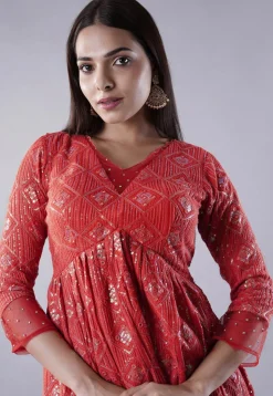 Embroidered Georgette Punjabi Suit in Red