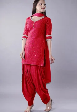 Embroidered Georgette Punjabi Suit in Coral Red