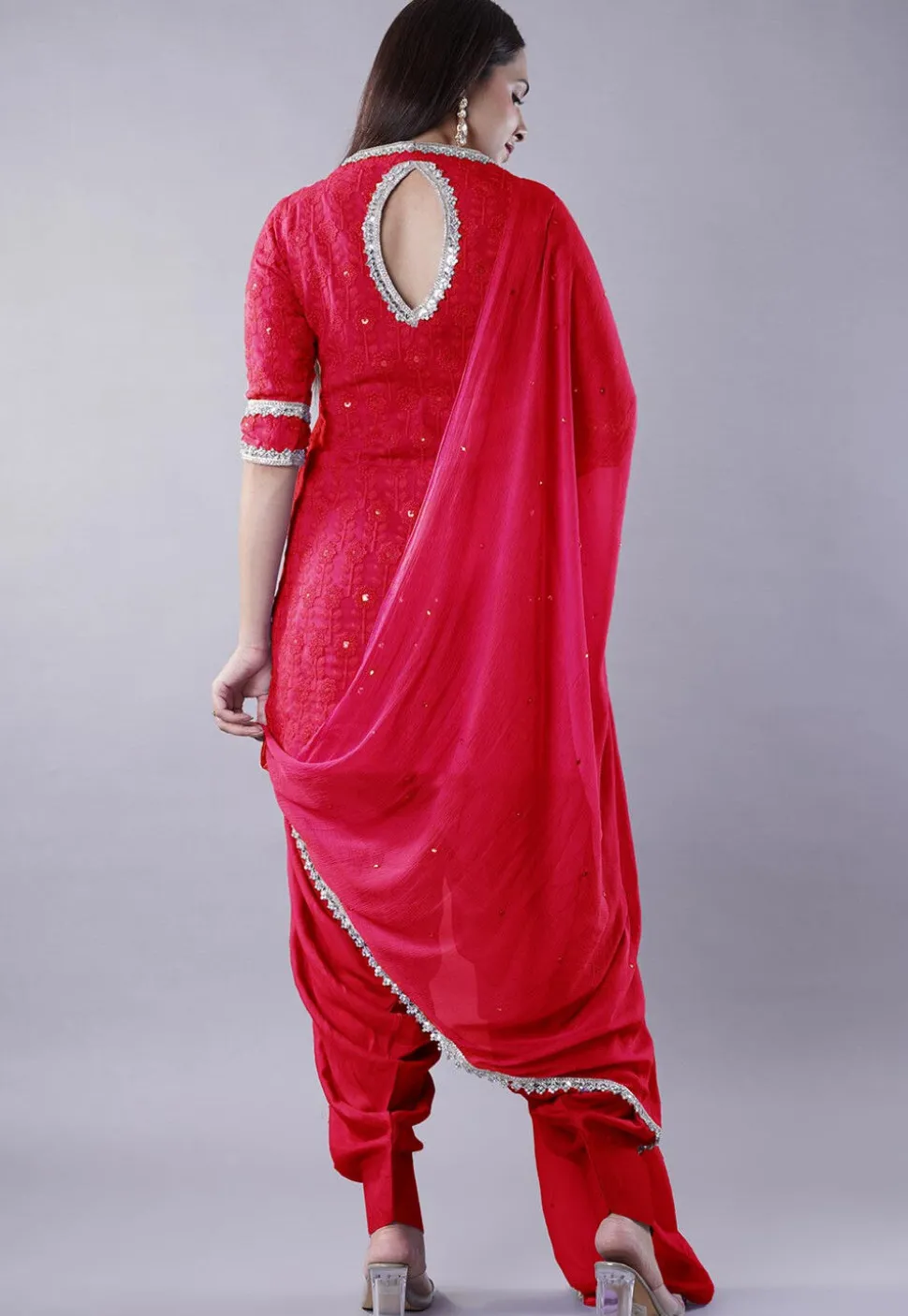 Embroidered Georgette Punjabi Suit in Coral Red