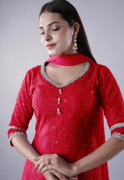 Embroidered Georgette Punjabi Suit in Coral Red