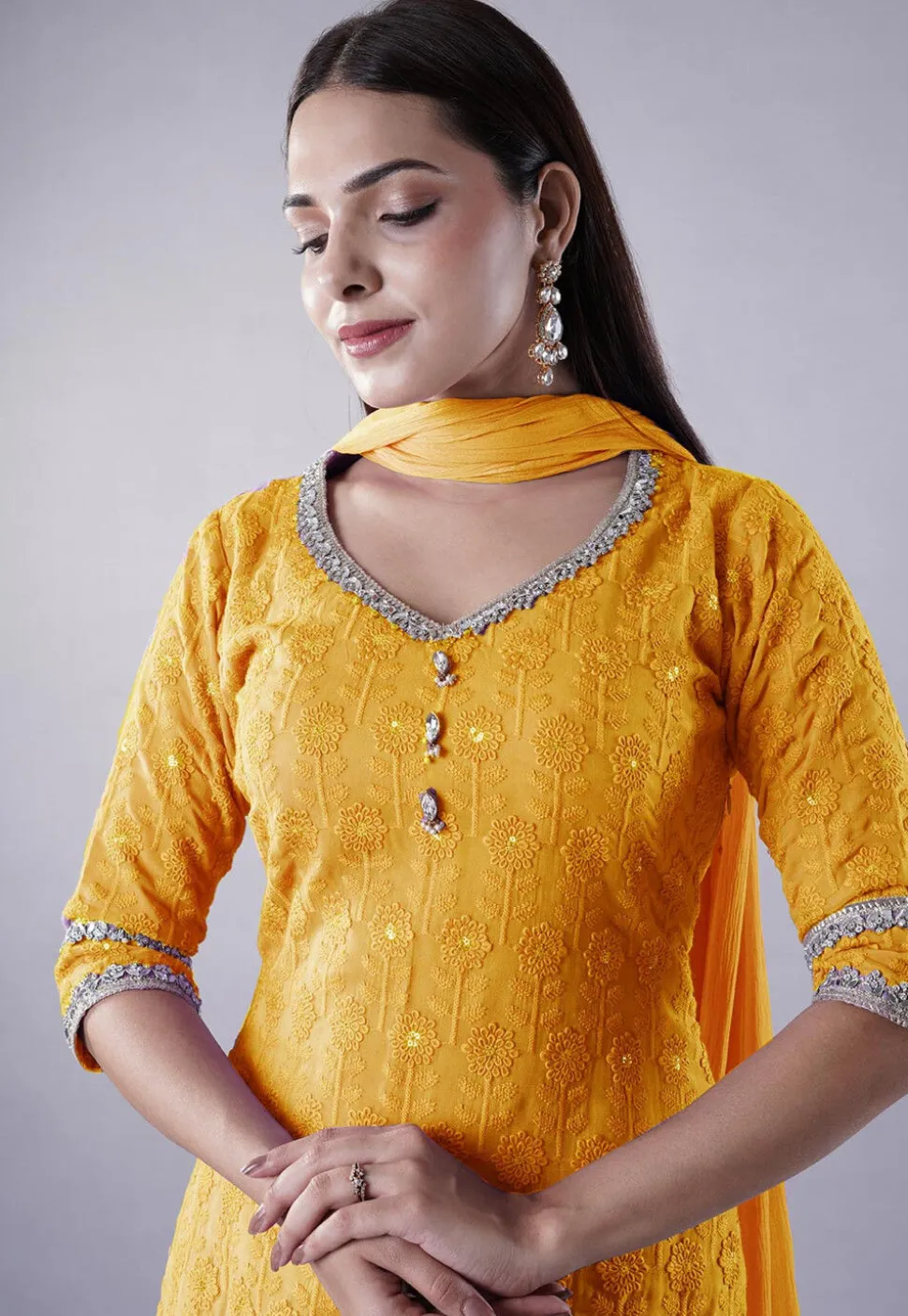 Embroidered Georgette Punjabi Suit in Mustard