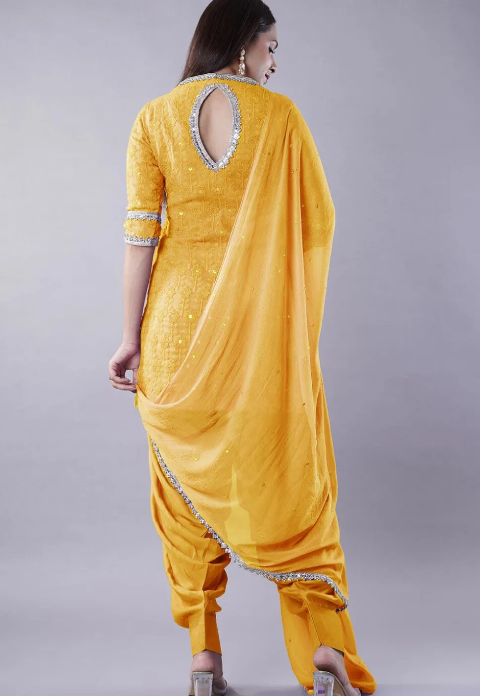 Embroidered Georgette Punjabi Suit in Mustard