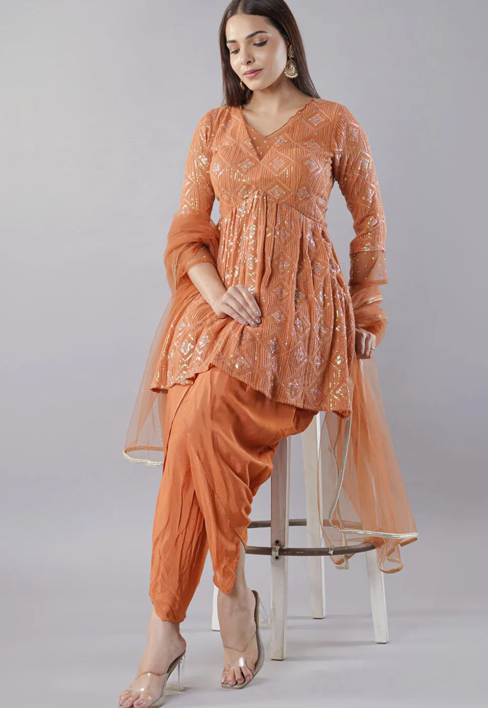 Embroidered Georgette Punjabi Suit in Orange