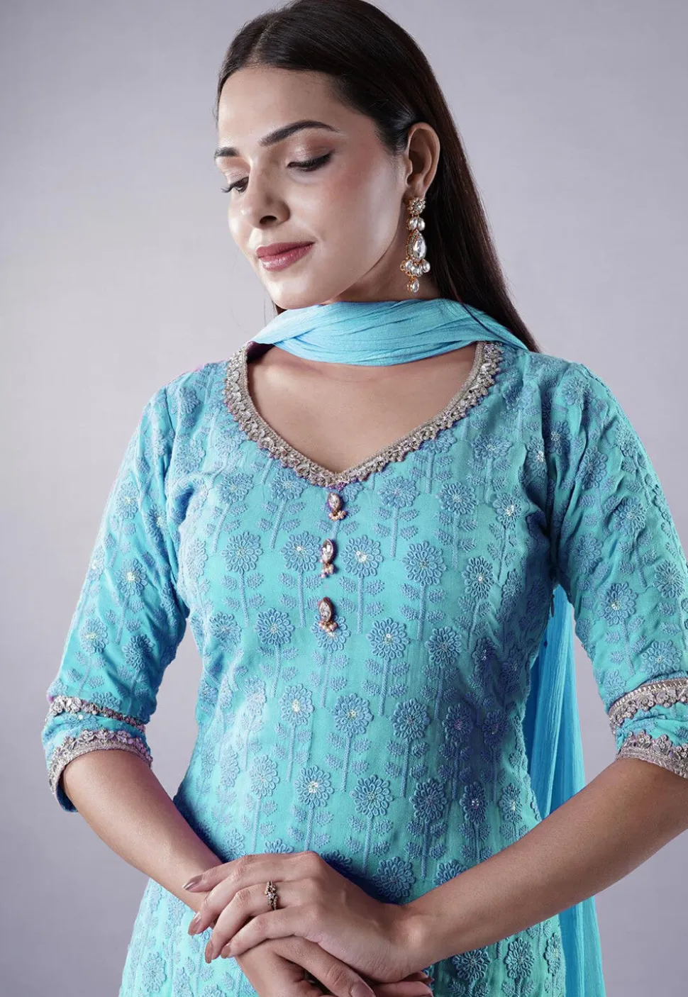 Embroidered Georgette Punjabi Suit in Sky Blue