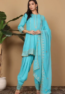 Embroidered Georgette Punjabi Suit in Blue