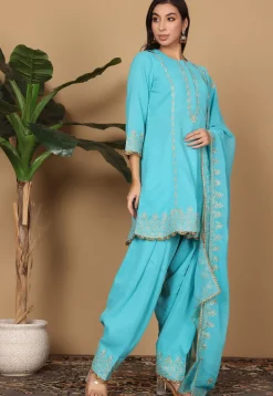 Embroidered Georgette Punjabi Suit in Blue