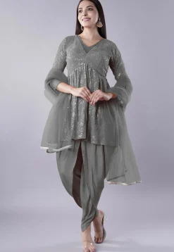 Embroidered Georgette Punjabi Suit in Grey