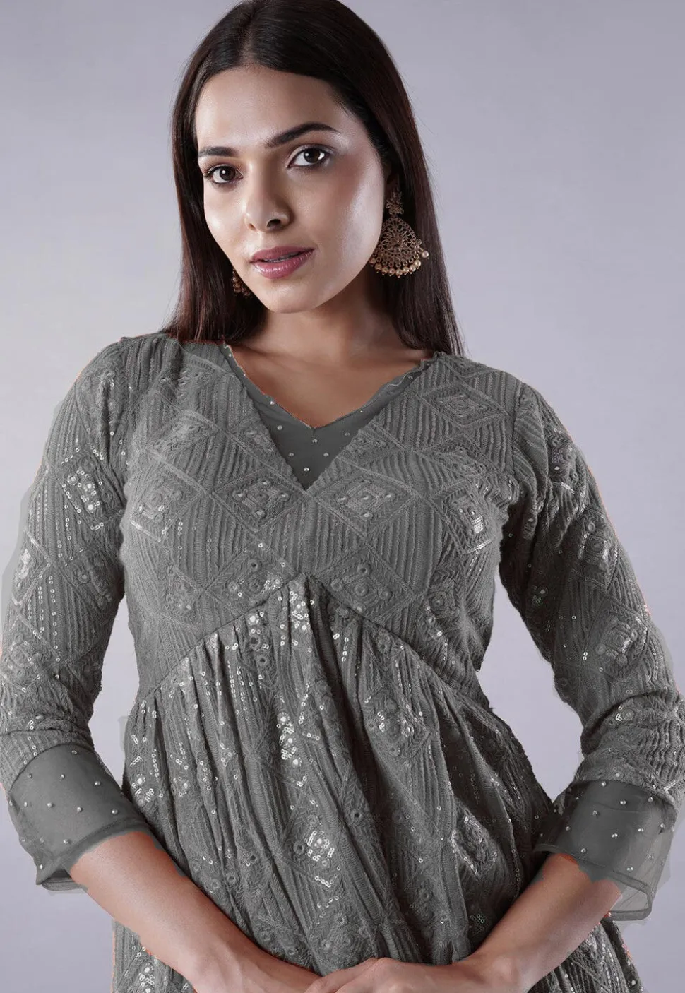 Embroidered Georgette Punjabi Suit in Grey