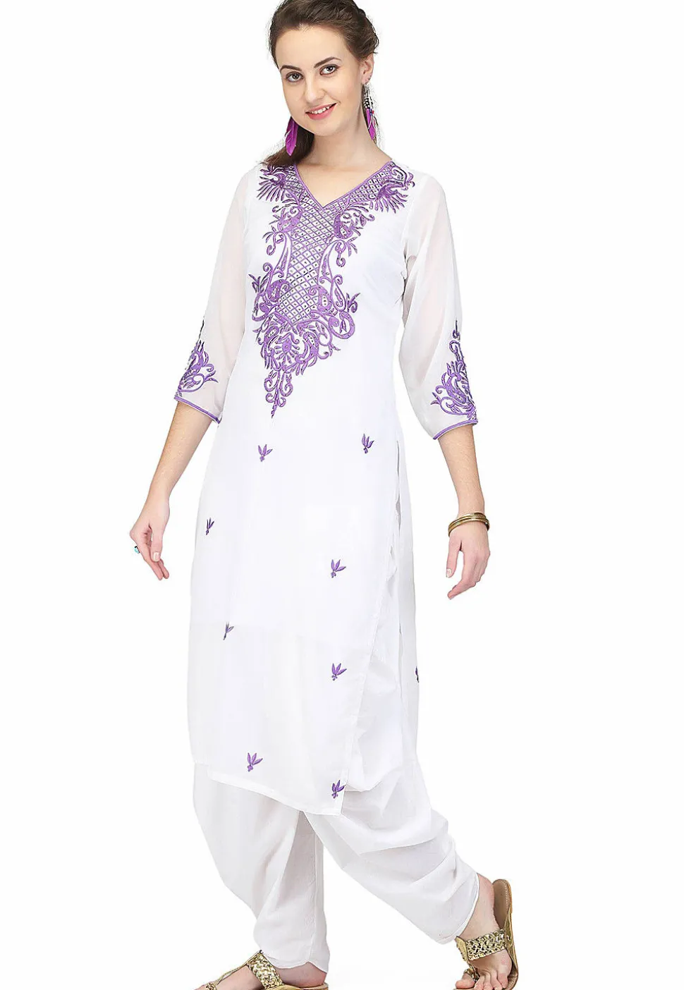 Embroidered Georgette Punjabi Suit in White